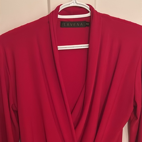 Lavena red rosette faux wrap top, size M - Picture 2 of 8